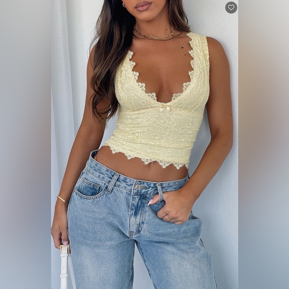 NWT White Fox Yellow Let’s Just Talk Lace Top